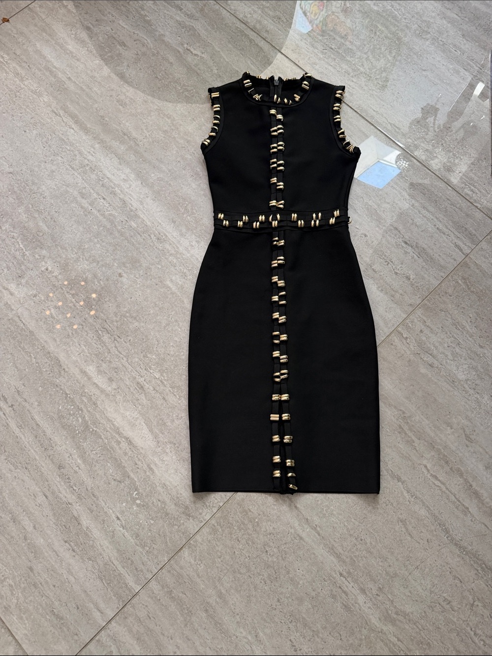 Black Sleeveless Midi Sheath bodycon Dress with Gold Trim